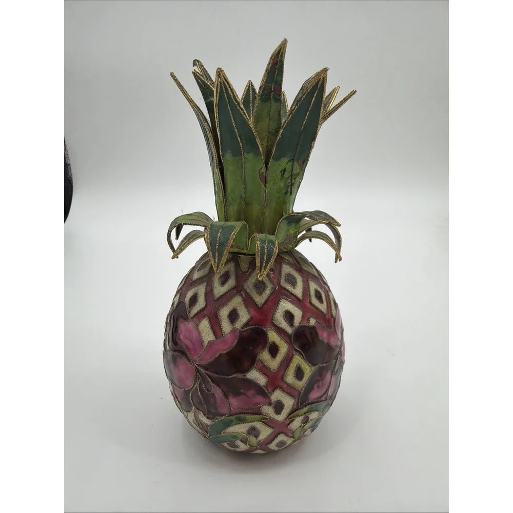 VTG Cloisonné Metal Enamel Pineapple Candle Holder Tropical Decor Purple Iris